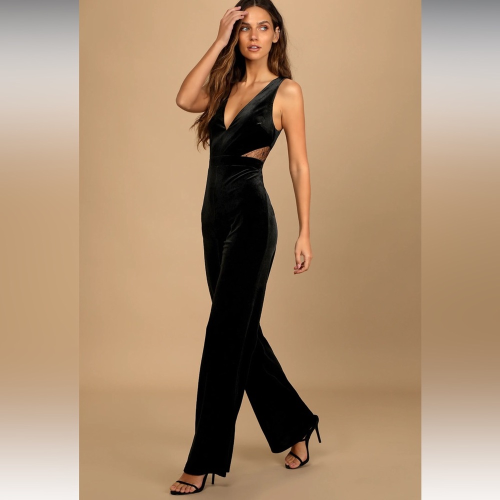 Lulus Black Luxurious Ease Velvet Sheer Mesh Cutouts StraightLeg Jumpsuit NWOT M